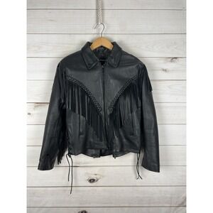 Frontier Leathers Jacket Womens 14 Black Leather Fringe Western Motorcycle